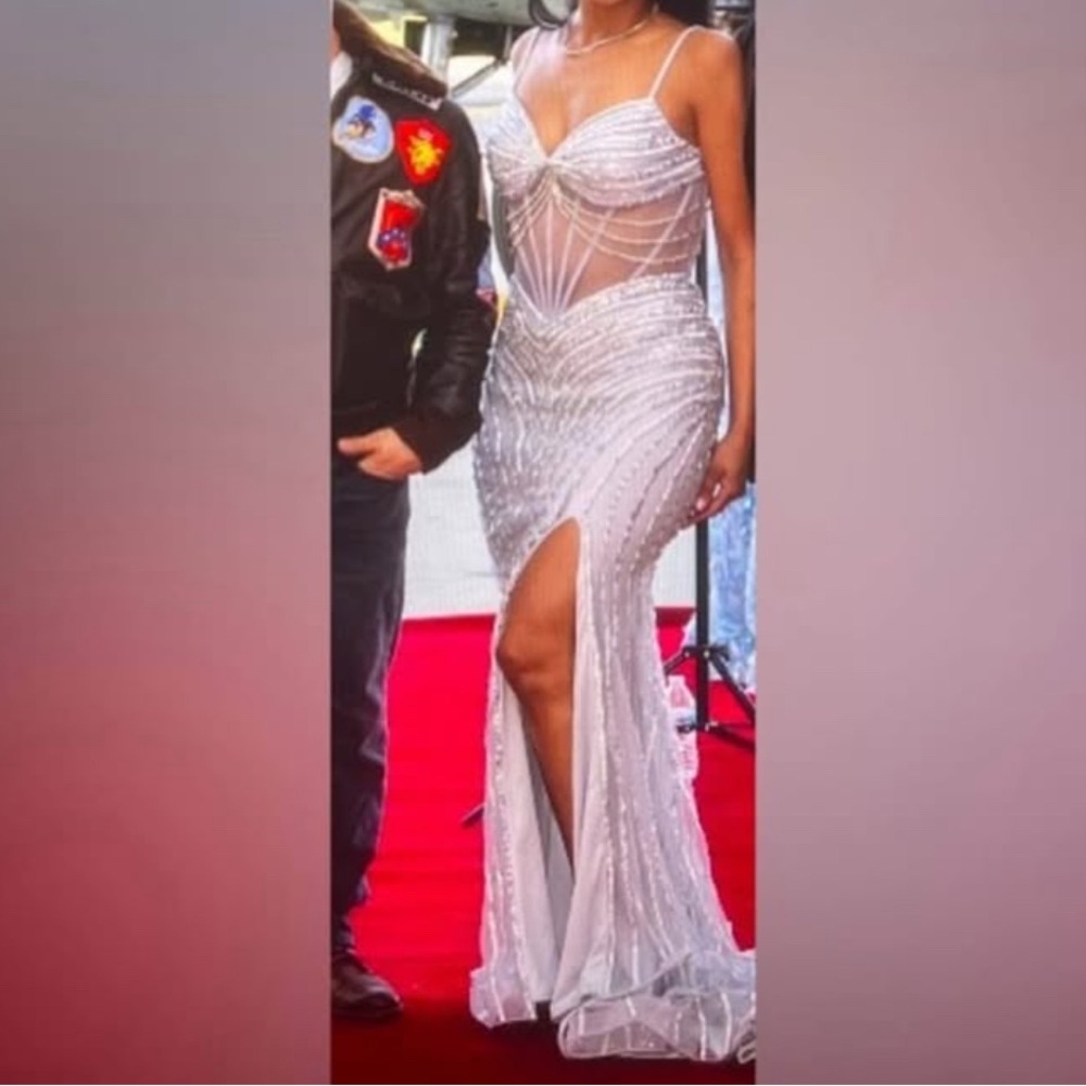 Elegant White Beaded Evening Gown